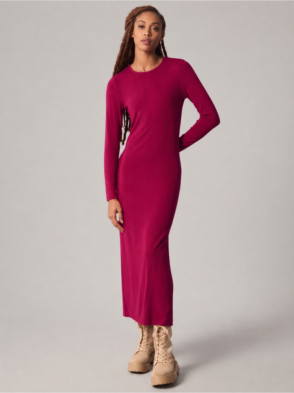 Bordeaux Long-Sleeve Maxi Dress in Deep Raspberry